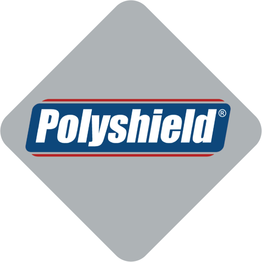 Close-up of Polysheild logo on gray background with red and blue lettering