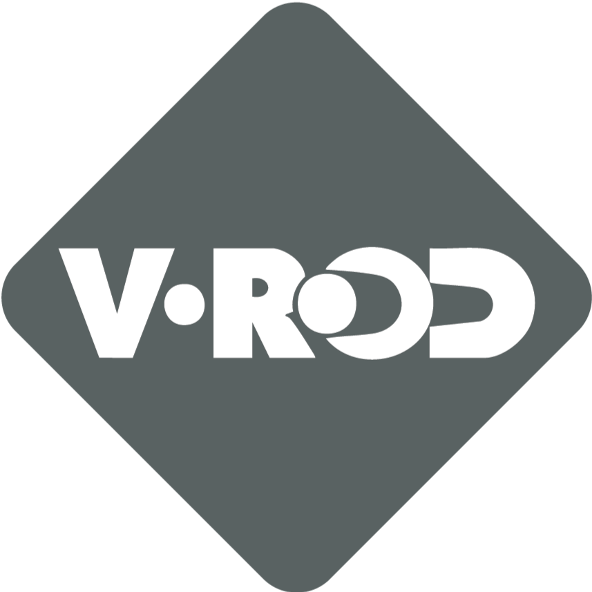 Logo with the text 'V-ROD' inside a diamond shape background