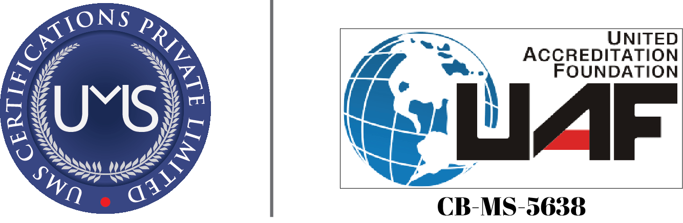 Certification and accreditation logos featuring a blue circular emblem with laurel leaves, the letters 'UCS' in the center, and the words 'CERTIFICATIONS PRIVÉE LIMITEED' around the perimeter; a globe with North and South America highlighted in blue and black, next to the words 'UNITED ACCREDITATION FOUNDATION' with the acronym 'UAF' stylized in black and a red and gray arrow.