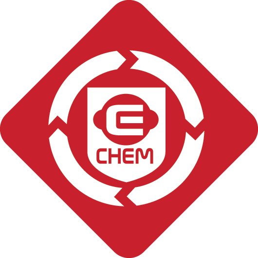 A red diamond-shaped construction sign with a white symbol and a logo and the word "CHEM" in the center.