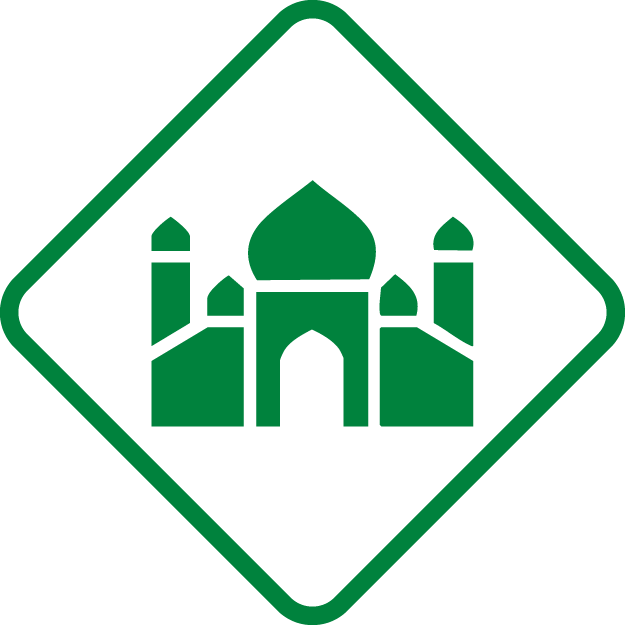 Green outline sign featuring a stylized depiction of a mosque with domes and minarets.