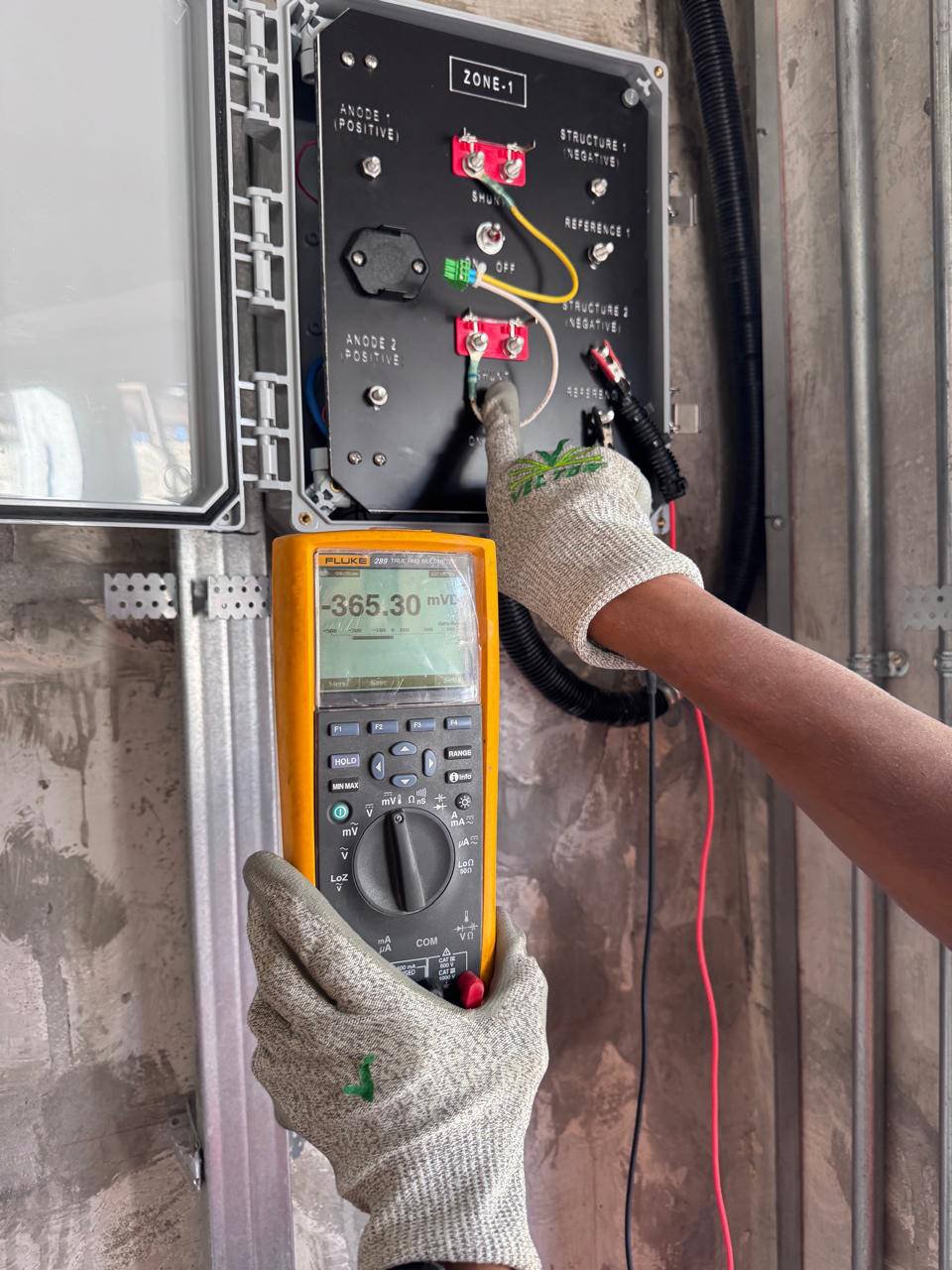 A person wearing gloves is measuring voltage on an monitoring box with a multimeter, which displays a reading of -365.30 millivolts.