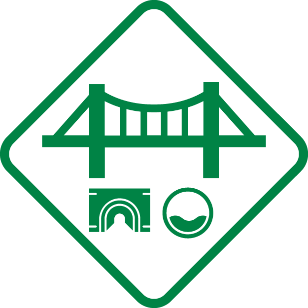 Icons of a bridge, an arch, and a circle representing water inside a green diamond-shaped sign.