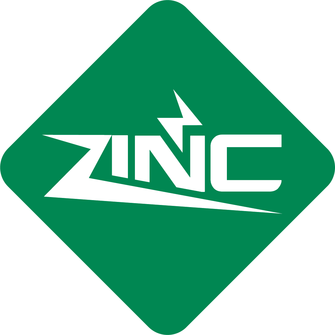 Green diamond-shaped logo with the word 'ZINC' in white, stylized letters, and a lightning bolt integrated into the design.