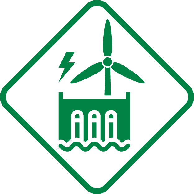 Symbol of renewable energy with a wind turbine, lightning bolt, and water-dammed turbines in green, indicating eco-friendly power generation.