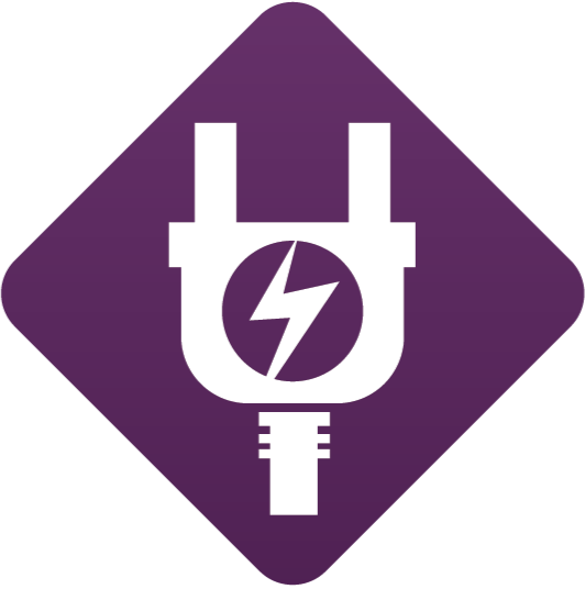 A purple square with rounded corners featuring a white electric plug icon with a lightning bolt symbol inside.