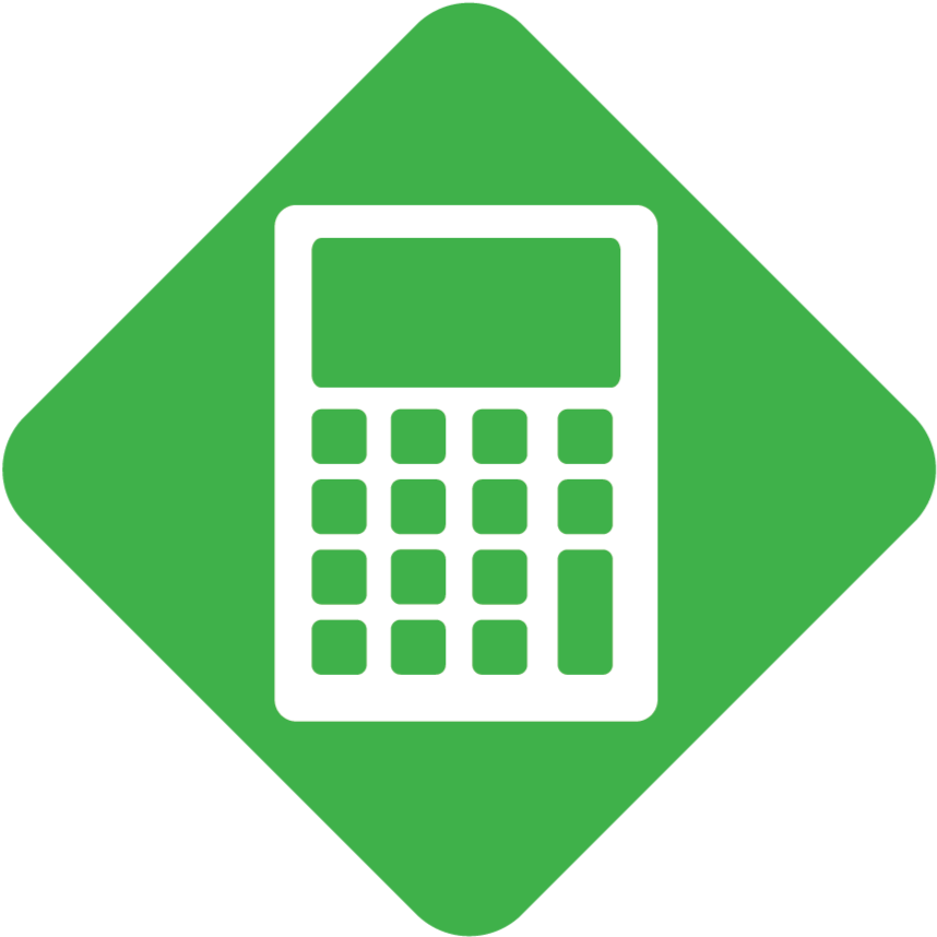 Icon of a calculator on a green diamond-shaped background
