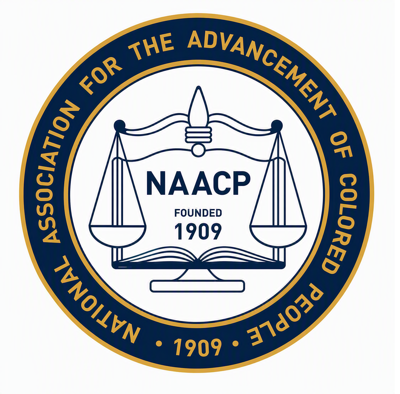 Logo of the NAACP, with the text 'National Association for the Advancement of Colored People, Founded 1909' around a circular emblem featuring balanced scales and an open book.