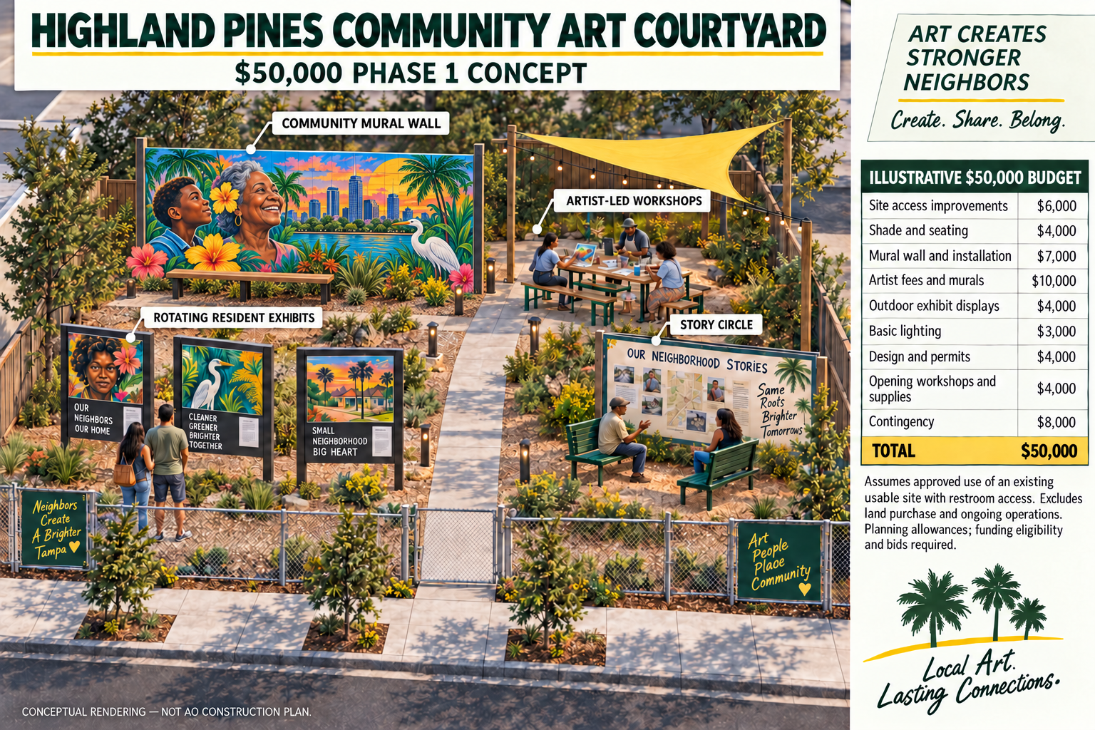 A community art courtyard with a mural wall, workshops, and exhibits, featuring colorful murals, outdoor seating, and signage promoting neighborhood stories and art engagement.
