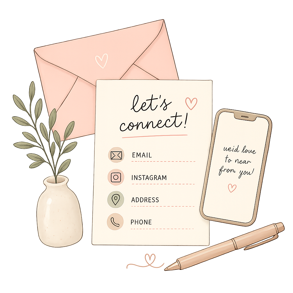 A digital illustration showing a pink envelope, a small vase with green leaves, a handwritten note that says "let's connect!" with a small heart, a list with icons and spaces for email, Instagram, address, and phone contact information, a smartphone with a message that reads "we'd love to hear from you!" with a heart, a pen, and a small pink clip.