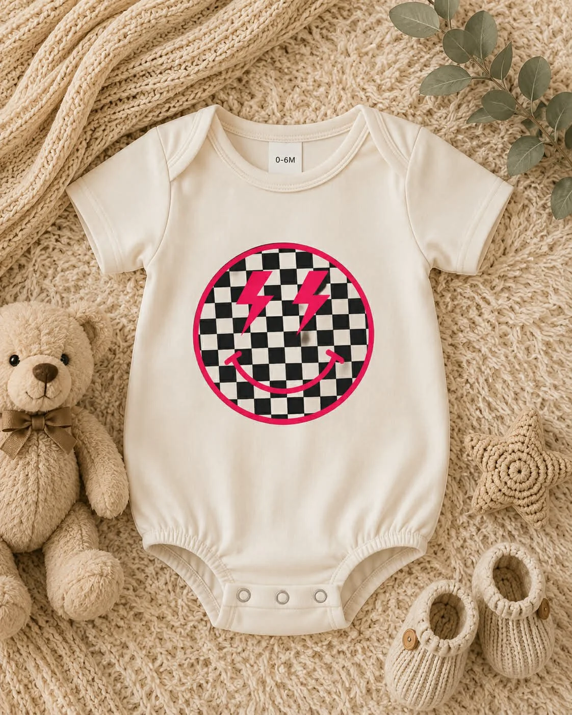 Checkered Smiley Face Bubble- Pink