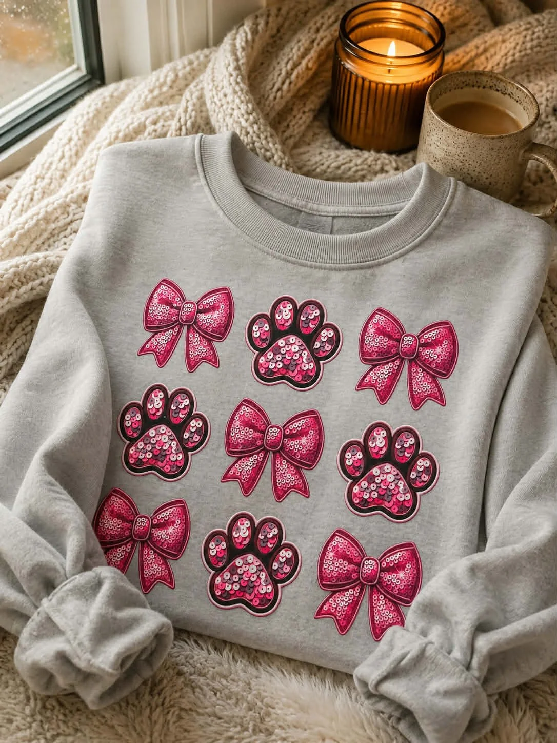 Bows & Paw Prints- pink sequins