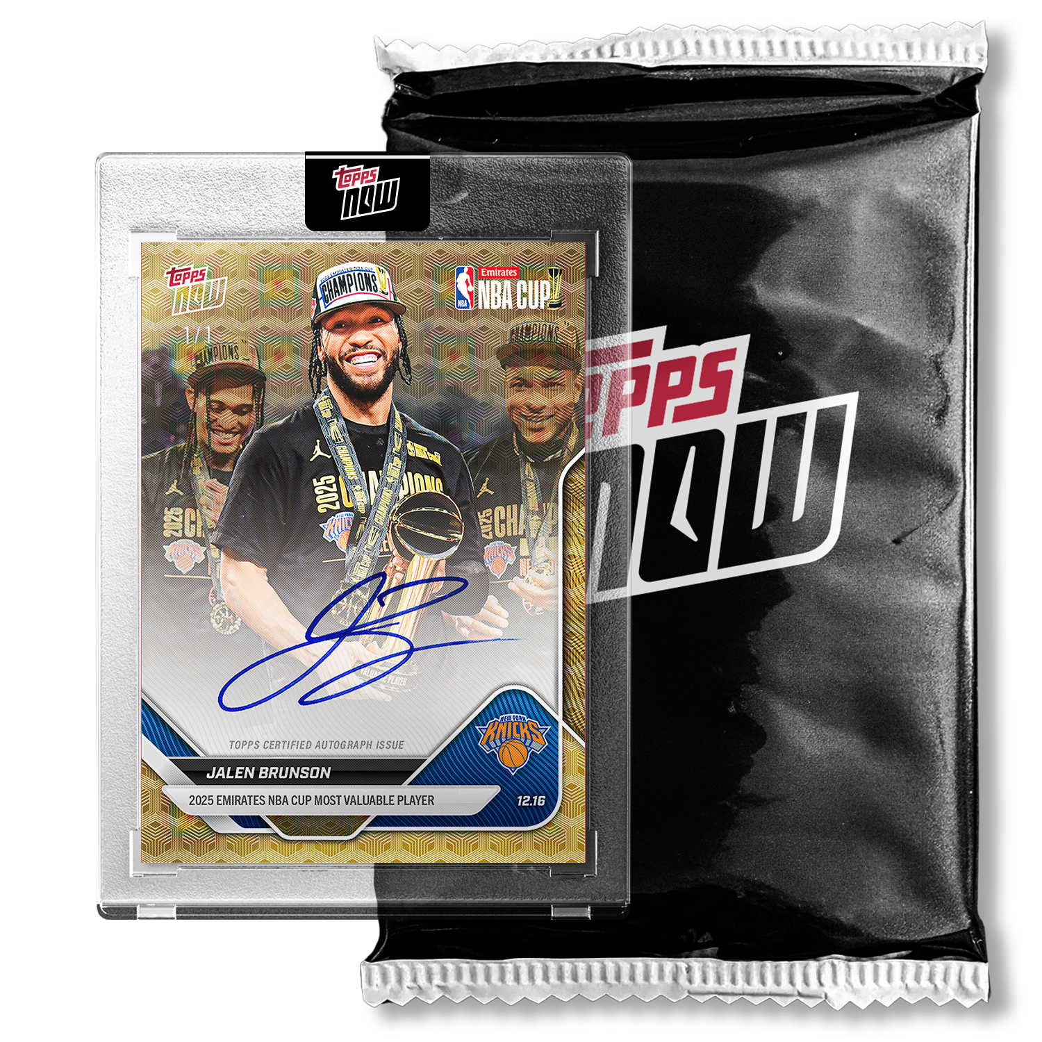 A pack of Topps NBA trading cards with a focus on a Jalen Brunson card, featuring Brunson in a celebratory pose holding his trophy and medals, wearing a black Knicks jersey, with a signature at the bottom.