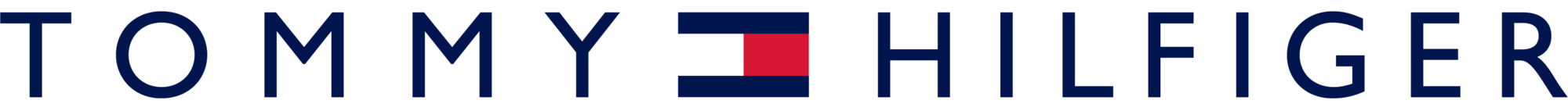 The image displays the logo of Tommy Hilfiger, featuring the brand name in navy blue letters with a small rectangular flag in the middle, comprising red, white, and navy blue colors.