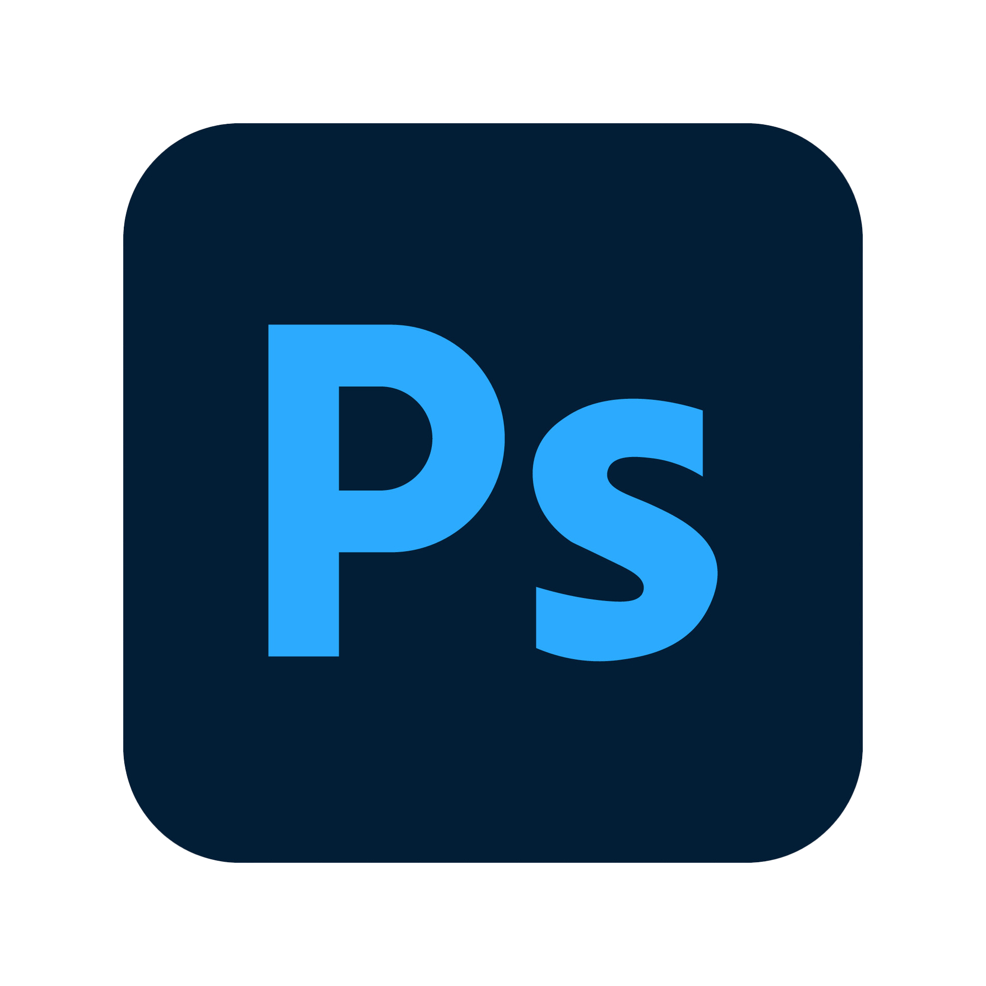 Close-up of a dark blue square with rounded corners displaying the blue logo of Photoshop, featuring a stylized open box.