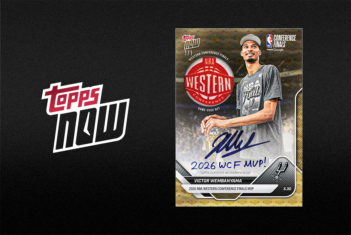 Basketball trading card of Victor Wembanyama, NBA Western Conference Finals MVP 2026, by Topps, featuring his signature, a photo of him smiling in a gray T-shirt, and the NBA Western Conference Finals logo.