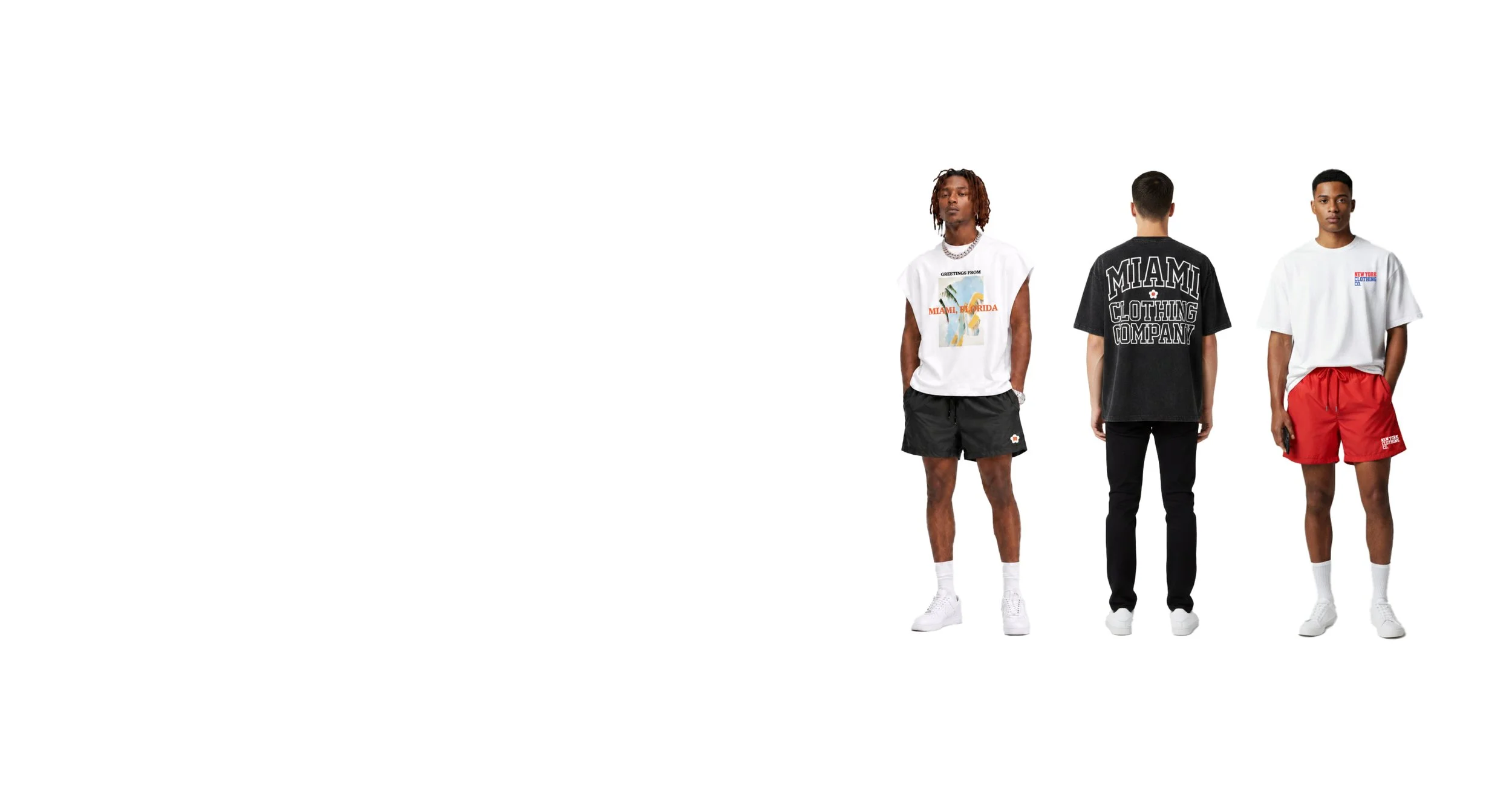 Three male models standing side by side against a white background, wearing casual streetwear clothing with graphic prints and text related to Miami, Florida.