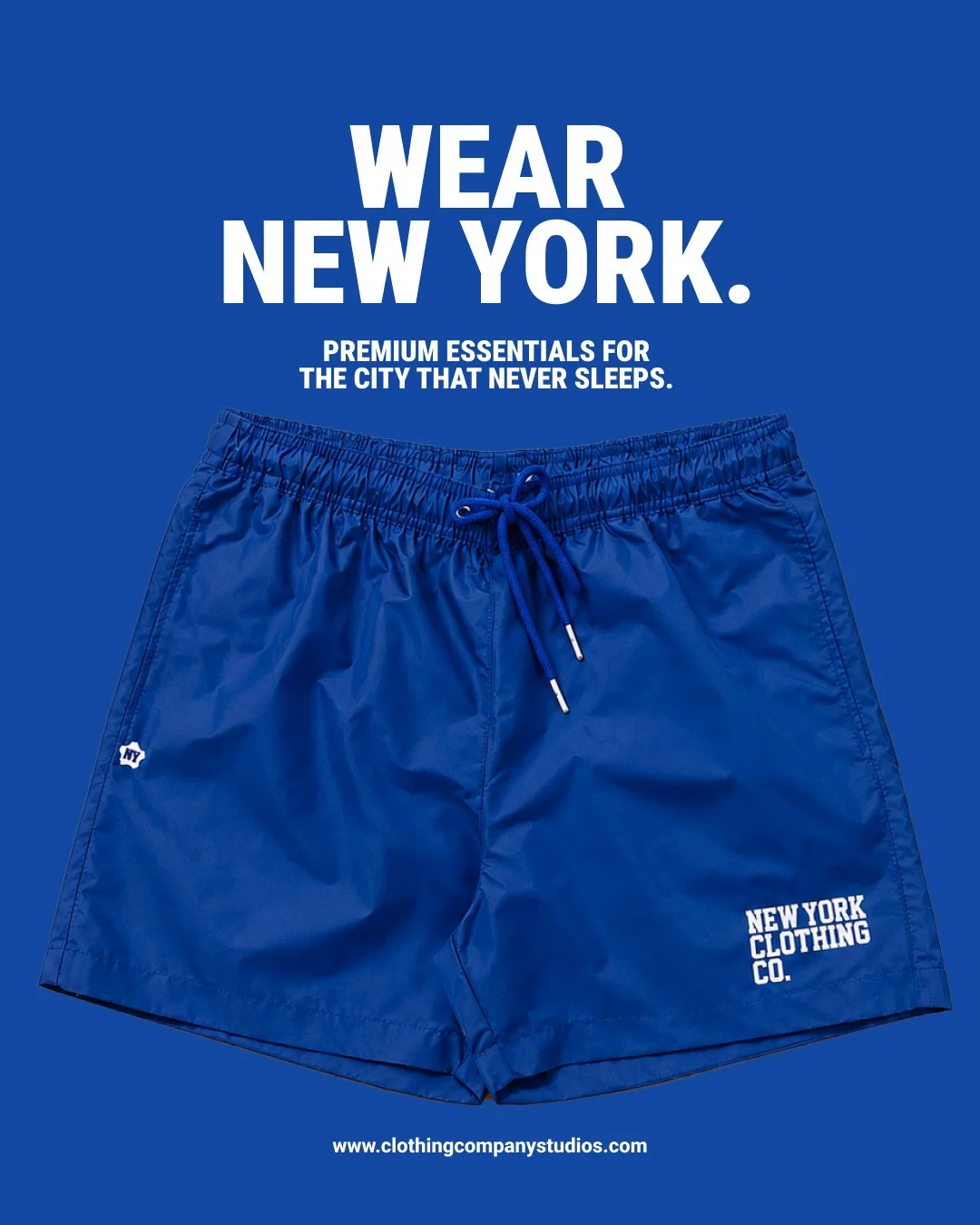Blue shorts with drawstring, displayed against a blue background, with text promoting New York City clothing essentials.