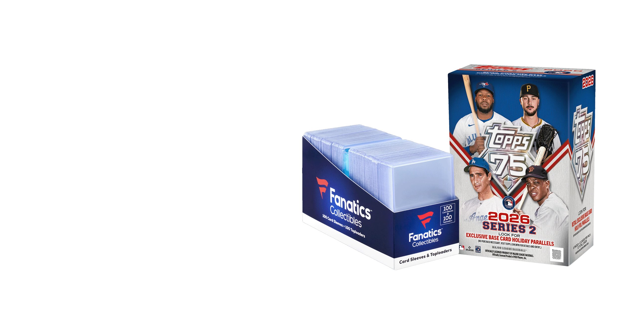 A box of 100 Fanatics baseball card sleeves next to a box of Topps 2026 Series 2 baseball trading cards featuring four players.