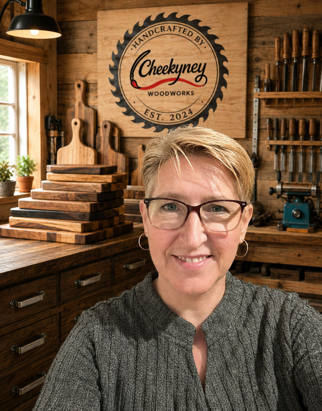A woman with short blonde hair, glasses, and hoop earrings taking a selfie inside a woodworking shop with stacks of cutting boards on a wooden workbench. A sign on the wall reads 'Handcrafted by Cheekney Woodworks, Est. 2024', with woodworking tools displayed on the wall.