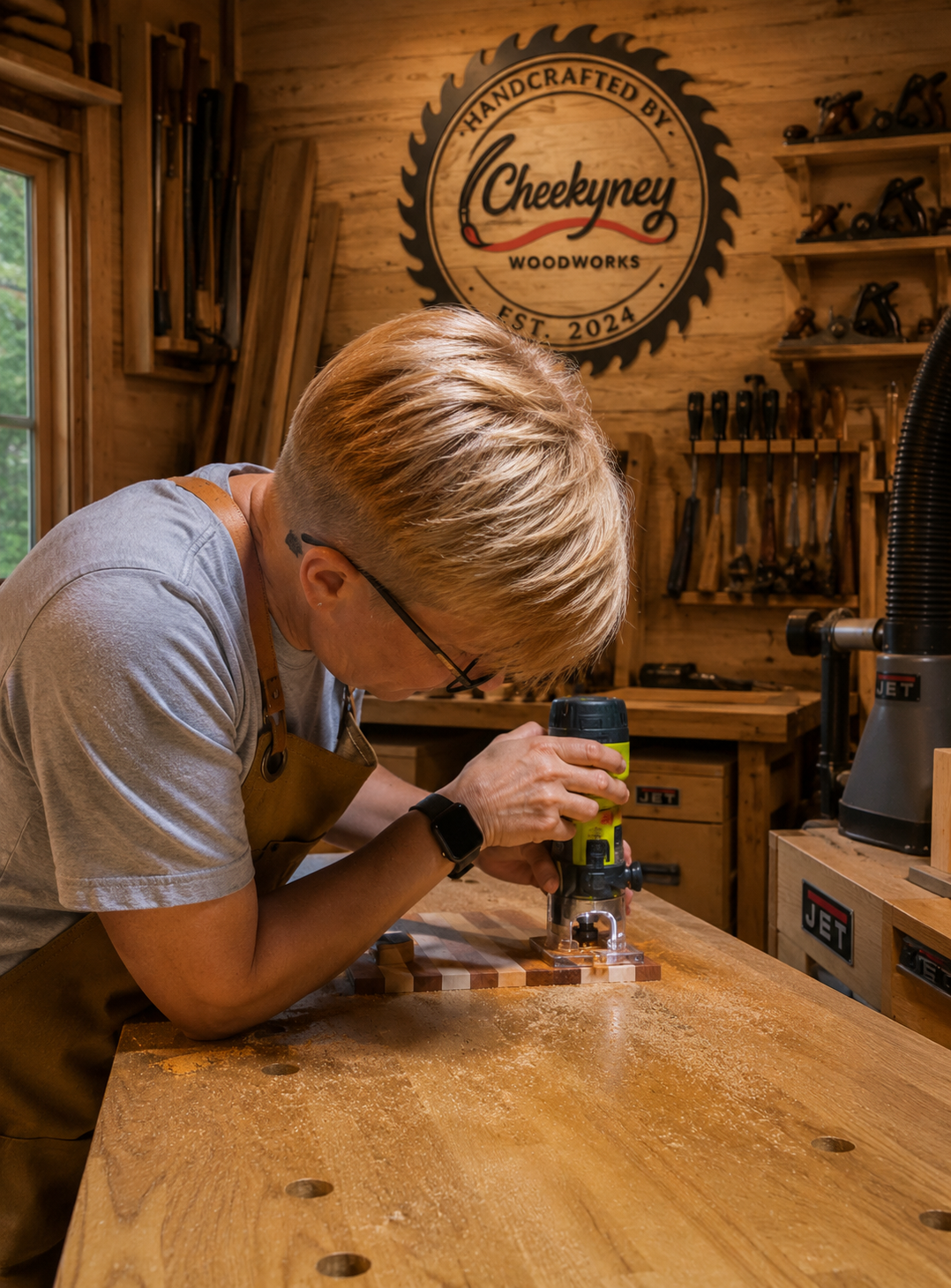 A person using a woodworking router on a piece of wood in a wood workshop.