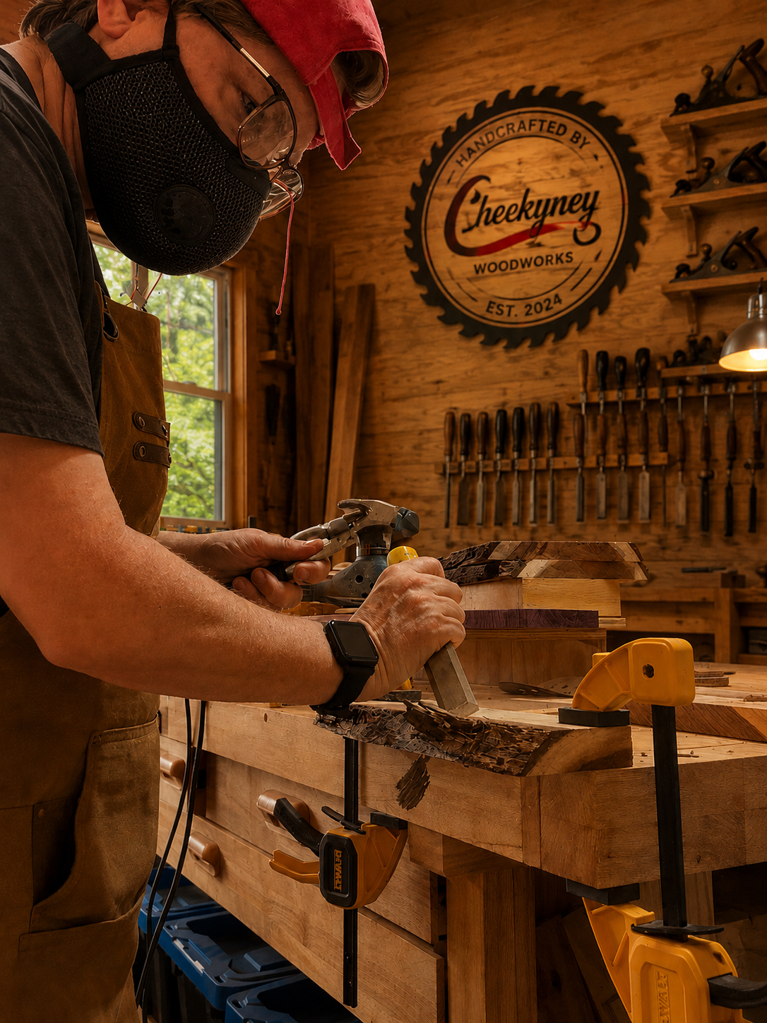 A person wearing safety glasses, a face mask, a red cap, and an apron working with a power sander on a piece of wood in a woodworking workshop. The workshop has a computer logo on the wall, several woodworking tools, and wood clamps holding the workpiece.
