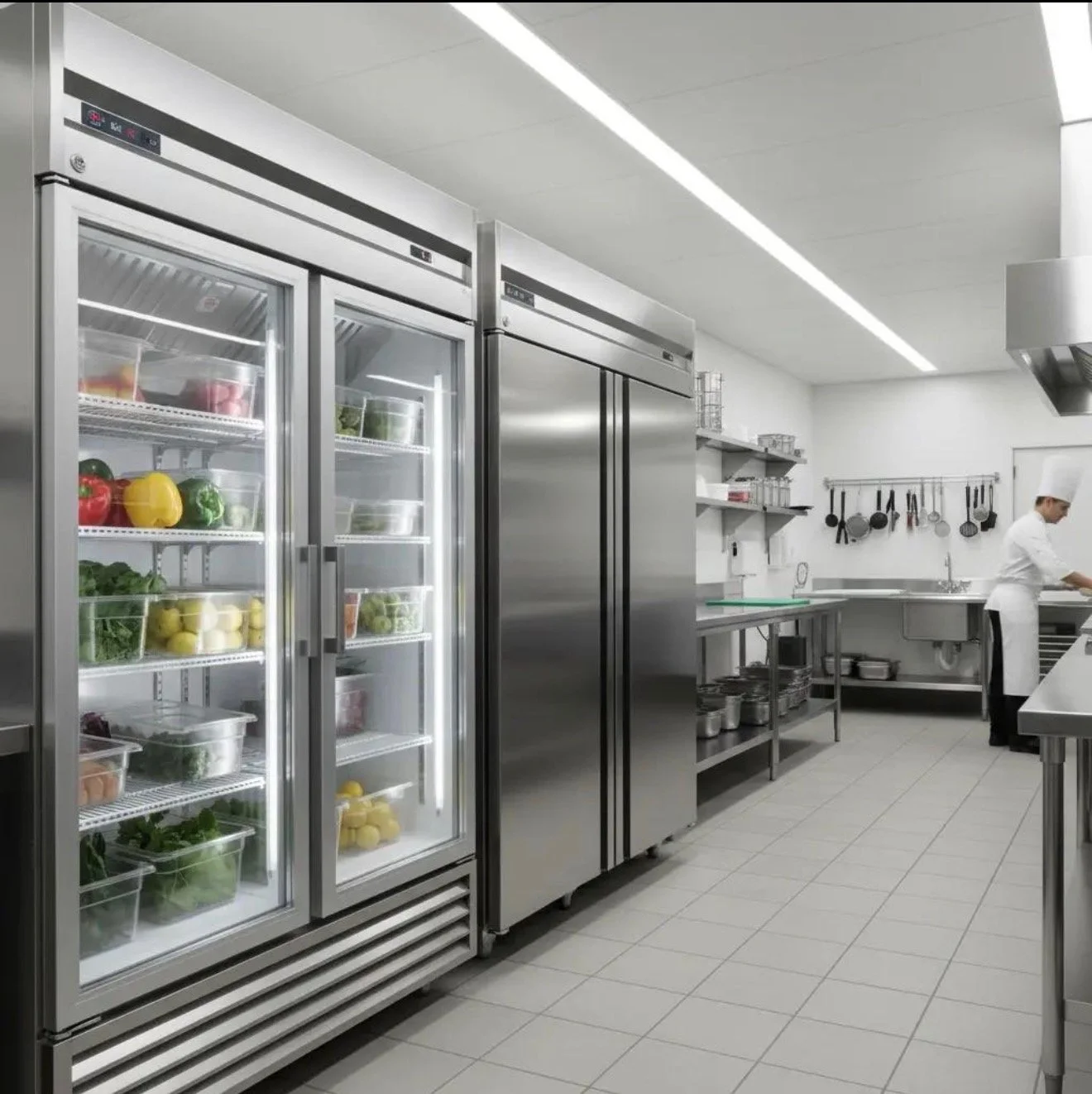 Commercial kitchen with large refrigerator displaying vegetables, stainless steel countertops, and a chef preparing food.