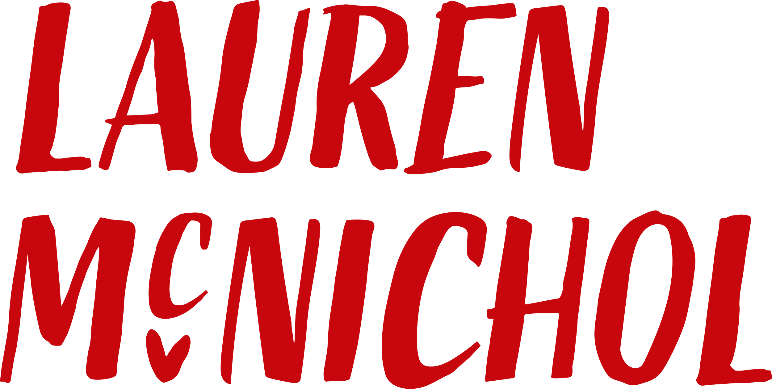 The image displays the phrase "LAUREN McNEIL" written in large, bold red letters with a black outline, with a mirror image of the same phrase upside down beneath it.