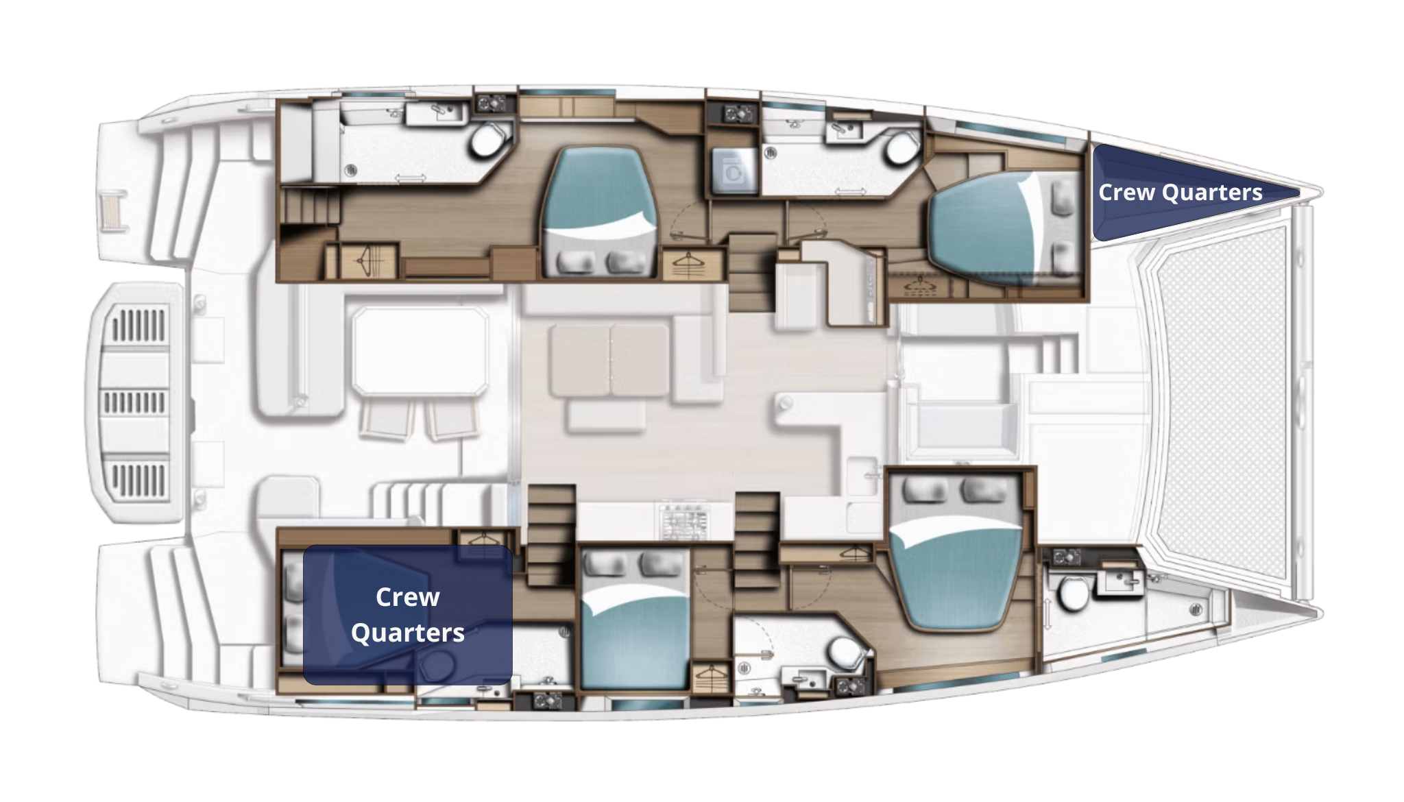 Floor plan of a yacht with labeled crew quarters and multiple bedrooms and bathrooms.