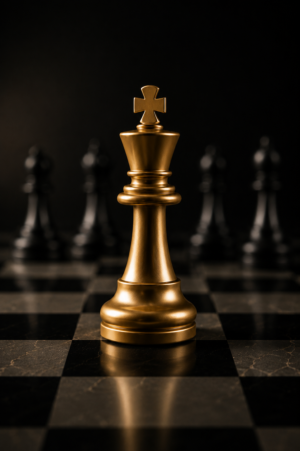 A gold chess king piece on a black and white checkered chessboard, with blurred black chess pieces in the background.