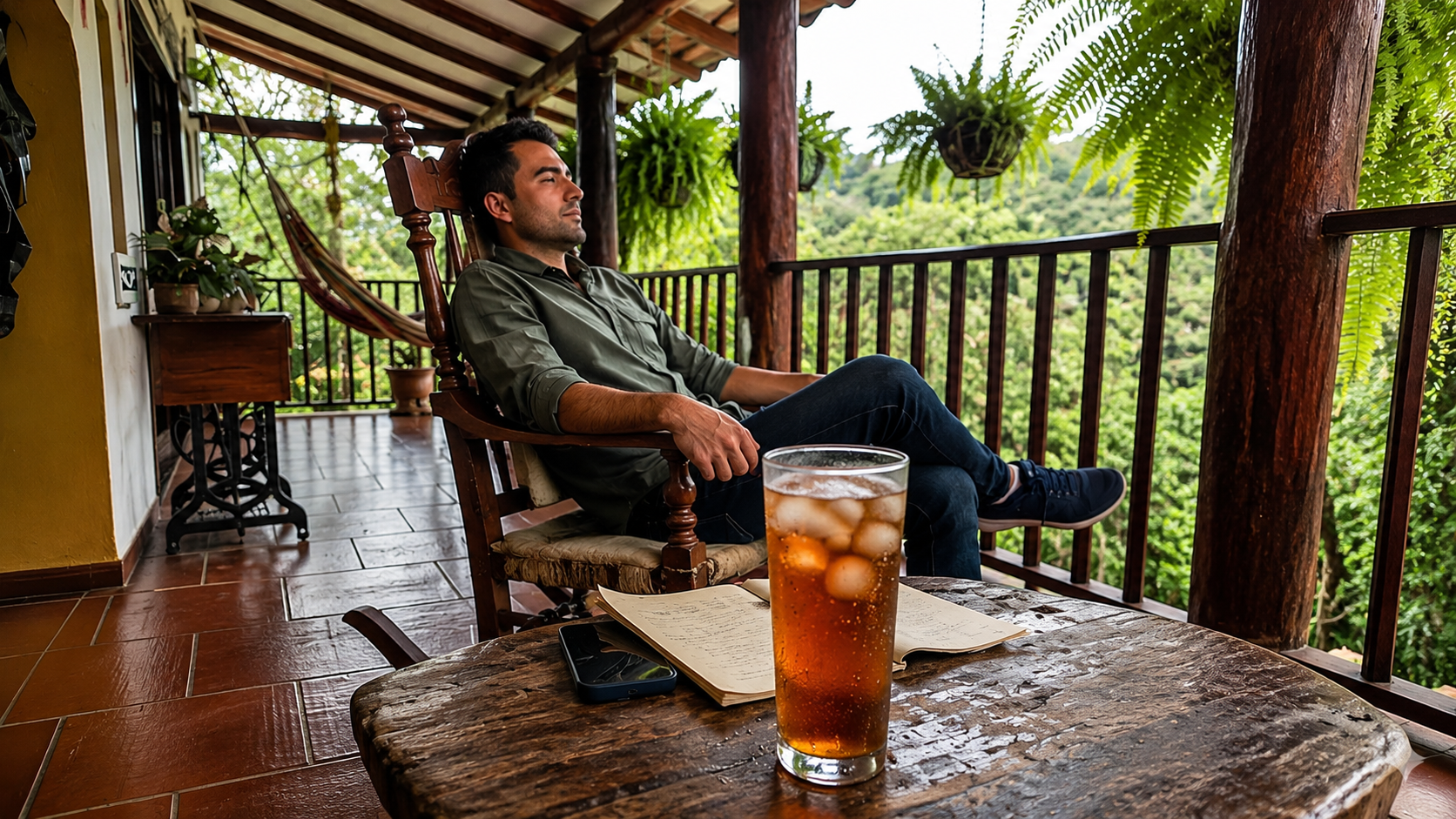 Man sitting on his porch in a rocking chair. Glass of sweet iced tea on a wooden table.