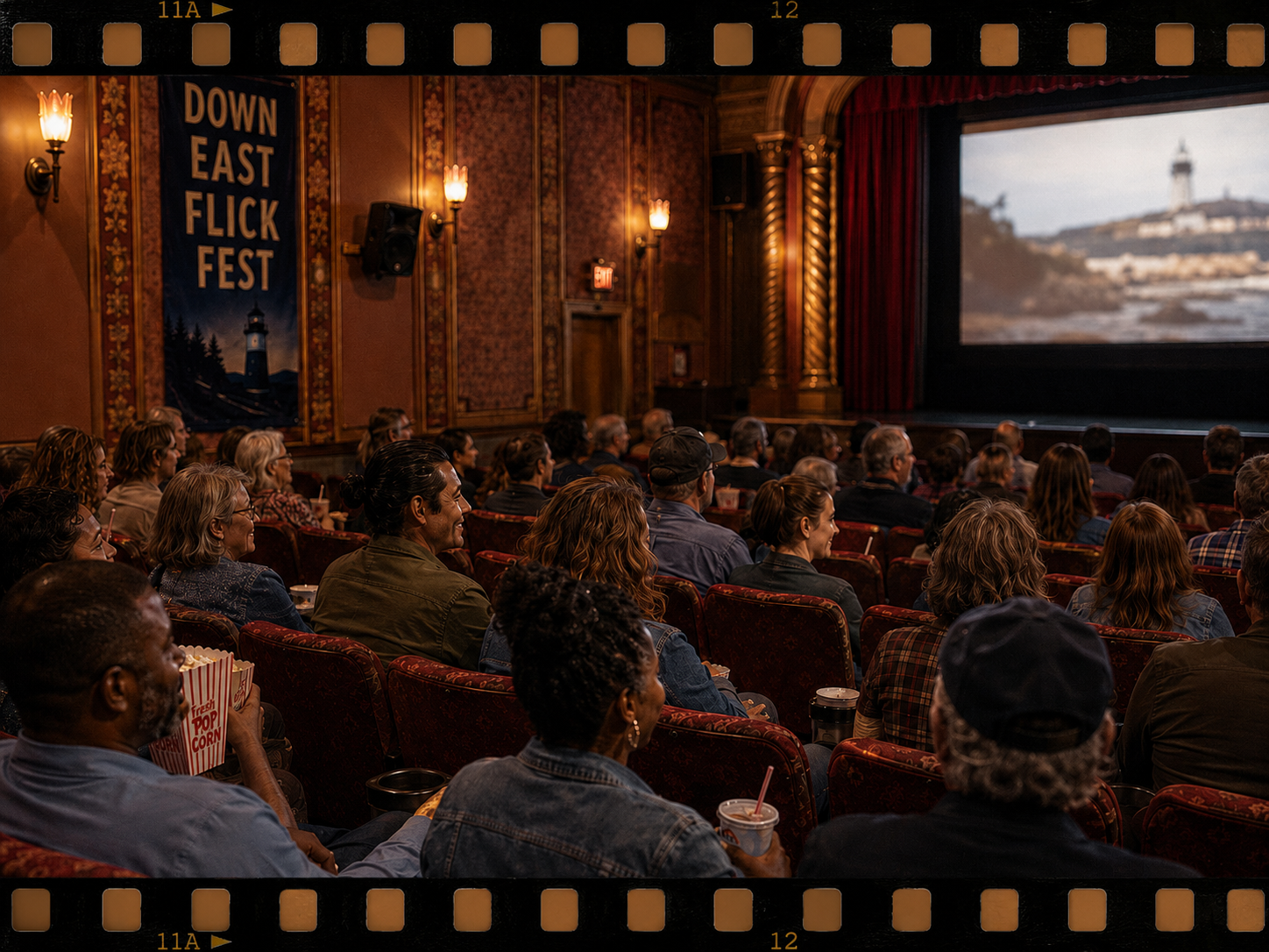 People sitting in an antique movie theater watching a film