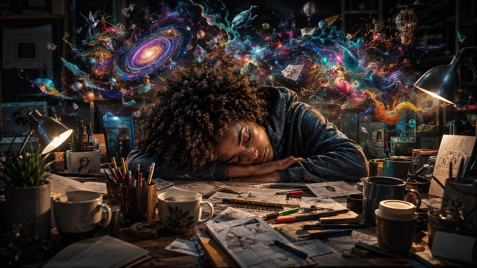 A young woman with curly hair sleeping at a cluttered desk surrounded by art supplies, cups, and papers, with colorful, fantastical images of galaxies, swirling colors, sea creatures, and birds appearing to emerge from her head.