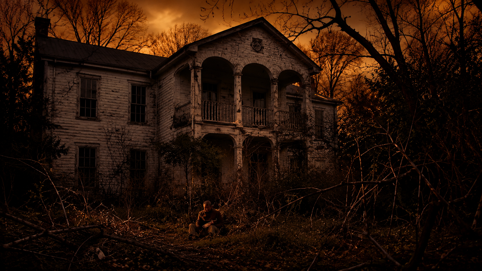 An old, abandoned two-story house with peeling paint and broken windows, surrounded by leafless trees and overgrown bushes, under a dark, ominous sky.
