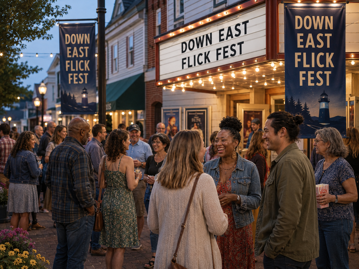 DEFF - A crowd standing outside of a small town theater to attend Down East Flick Fest