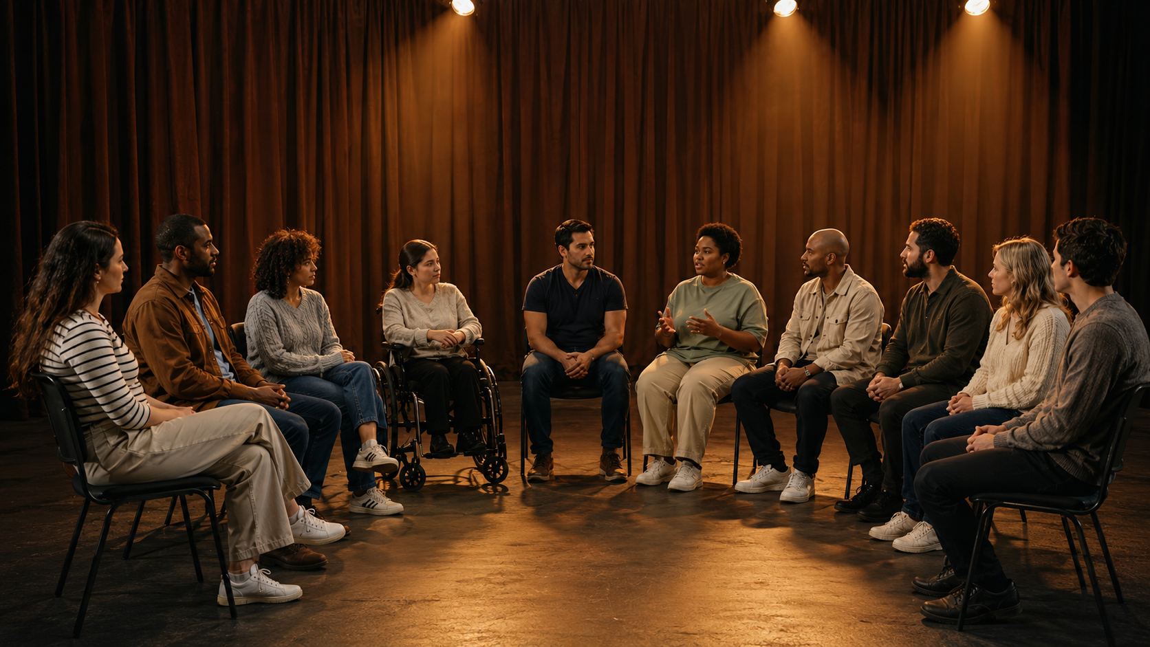 Group therapy under warm lights