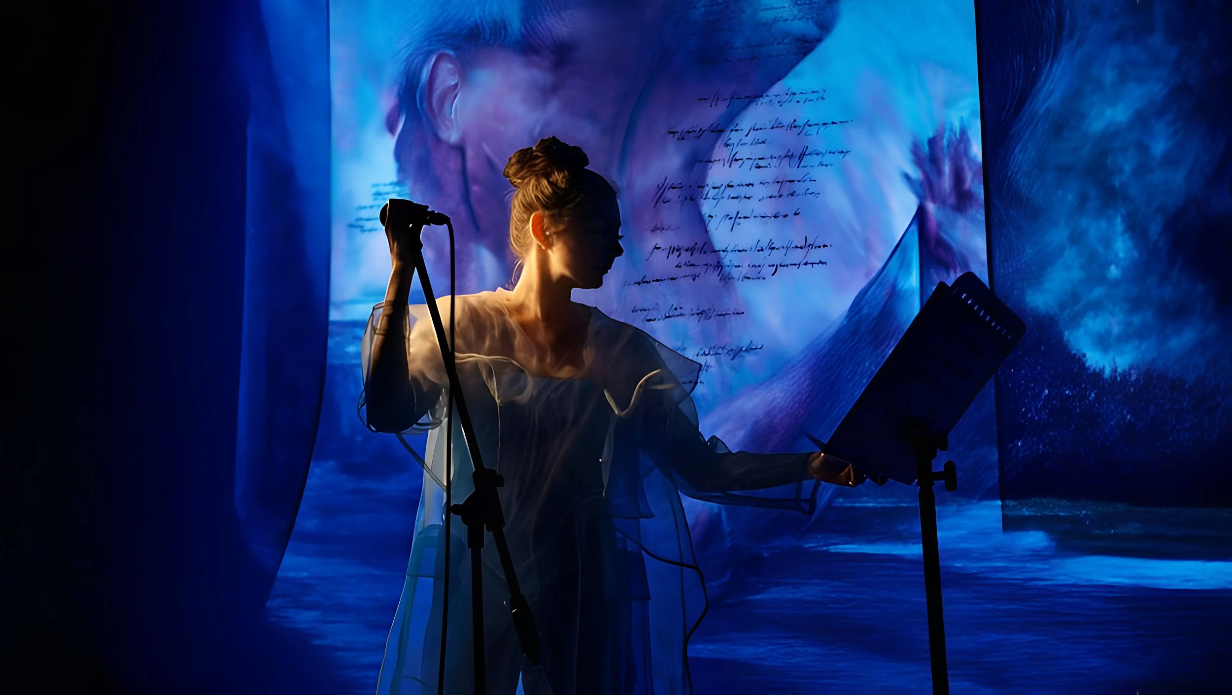 A woman adjusting a studio light in front of a digital display with a projected image of a person and handwritten text, set against a blue background.