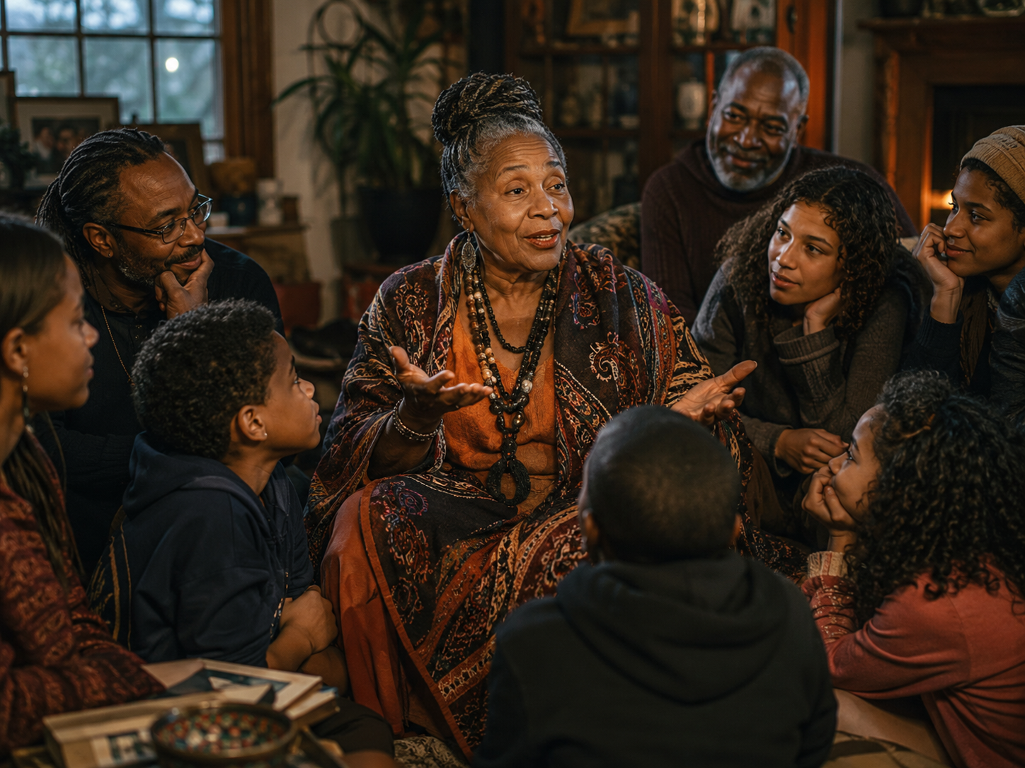 An older woman with gray hair styled in dreadlocks, wearing a colorful, patterned outfit and multiple necklaces, is sitting on the floor and speaking to a group of diverse people. The group, consisting of men, women, and children, is attentively listening and sitting closely around her in a cozy, warmly lit living room.