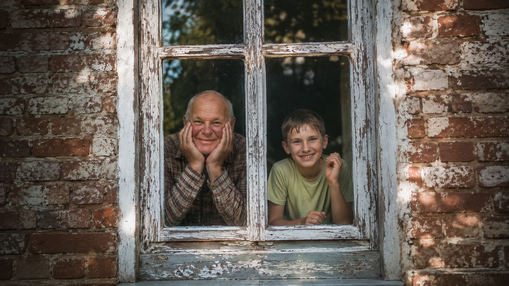 An elderly man and a young boy looking through a window with a distressed white wooden frame, smiling and posing inside a brick building, with trees visible outside.