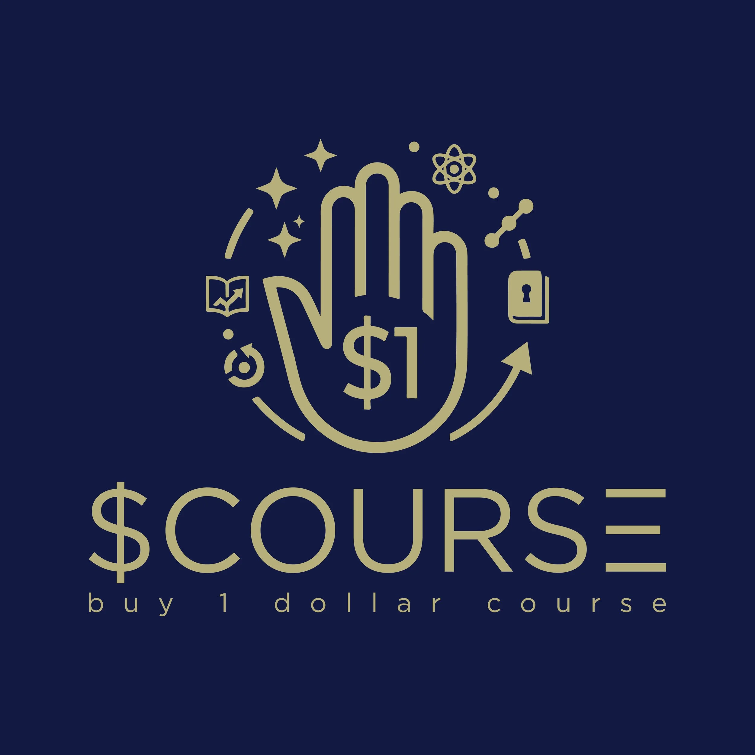 A logo for buy1dollarcourses featuring a dark blue background with beige text and icons, including a dollar sign, a book, a lock, and symbols for growth and science.