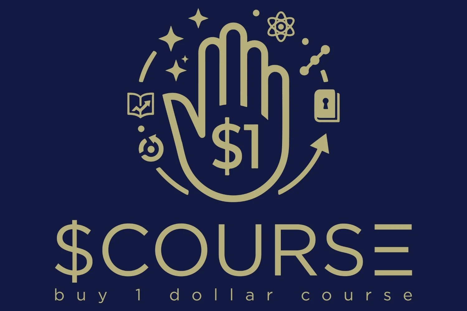 Logo with a hand, dollar sign, and course-related icons such as a book and lock, with text 'buy 1 dollar course'.