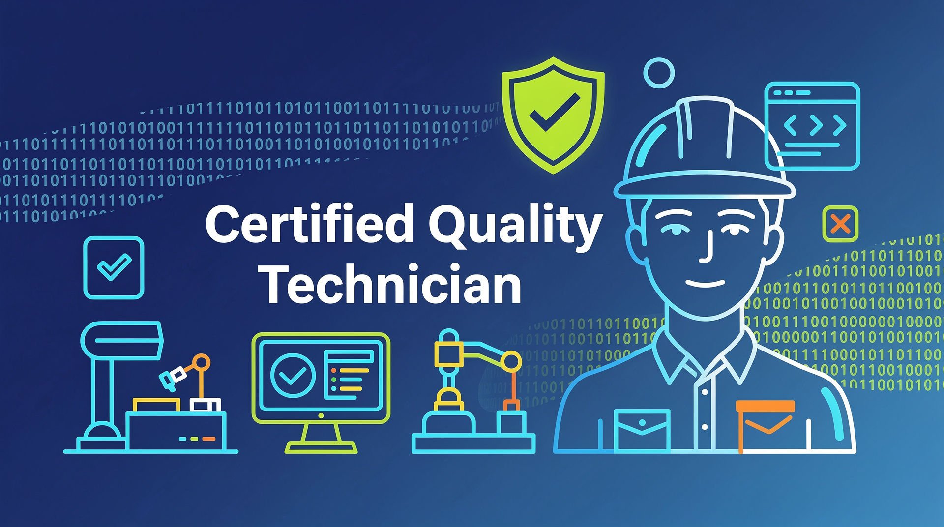 Illustration of a certified quality technician with various icons representing technology, security, and automation, including a shield with a check mark, a computer monitor, and a robotic arm, set against a blue digital background with binary code.