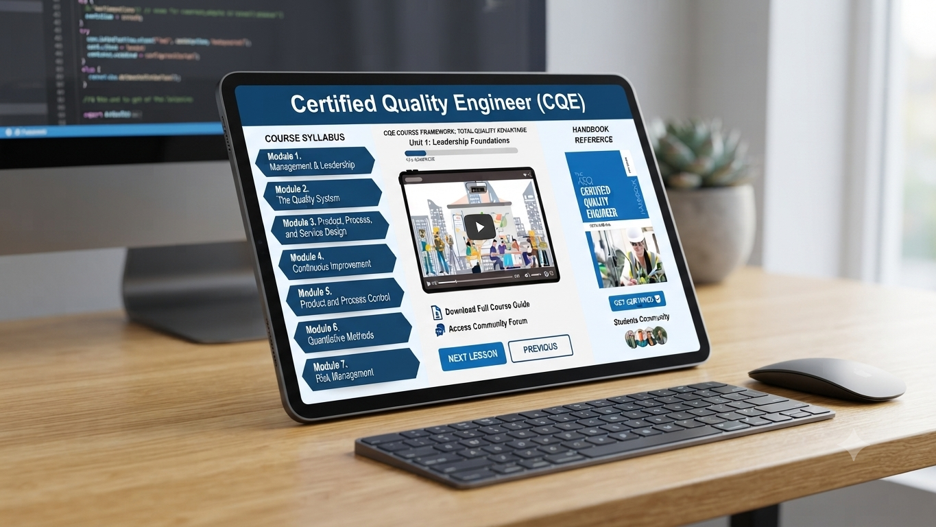 Tablet screen showing a Certified Quality Engineer course syllabus with modules, a video icon, download and forum options, and navigation buttons, on a desk with a keyboard and mouse.