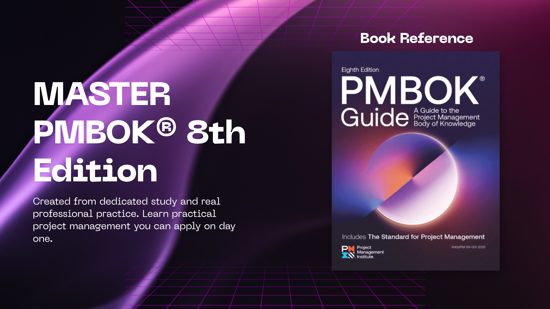 Promotion for the eighth edition of the Master PMBOK guide, featuring the book cover with purple and blue gradient background and geometric design, and text stating 'Master PMBOK 8th Edition' and 'Book Reference'.