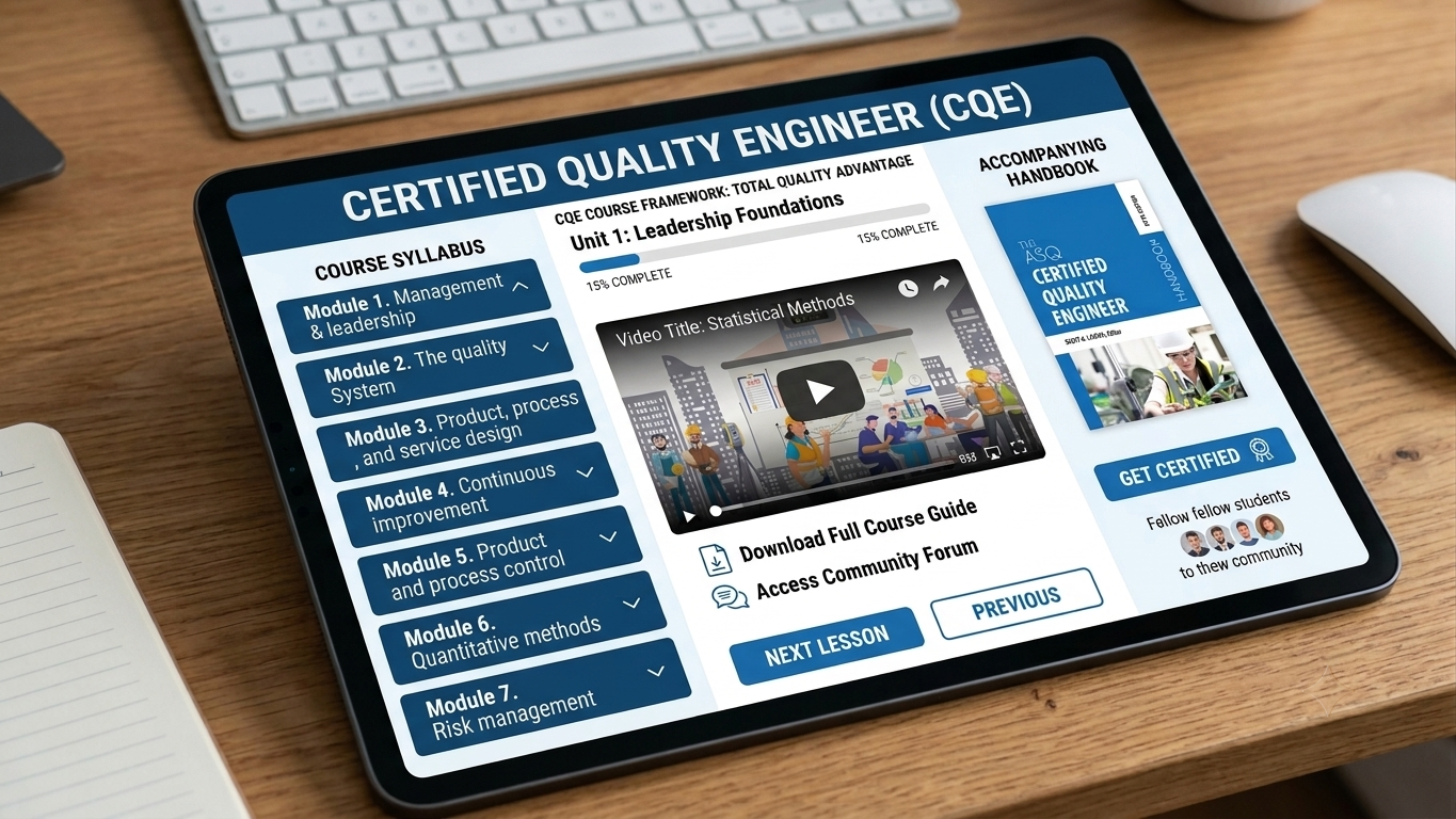 Tablet on a wooden desk displaying an online course titled 'Certified Quality Engineer (CQE)', with course modules, a video titled 'Statistical Methods', and options to download the full course guide or access community forum.