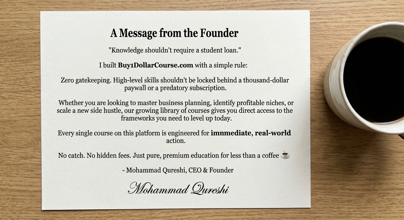 A printed message from the founder on a piece of paper placed on a wooden surface, with a cup of coffee to the right.
