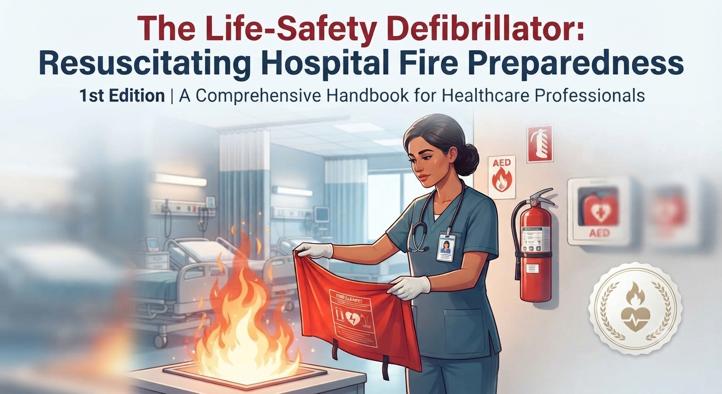 Cover of a healthcare handbook titled 'The Life-Safety Defibrillator: Resuscitating Hospital Fire Preparedness'. It shows a female healthcare worker wearing scrubs and gloves, holding a red defibrillator training device near a simulated fire on a hospital bed in a medical room. The background includes hospital equipment, wall-mounted AED and fire safety signs, and a fire extinguisher.