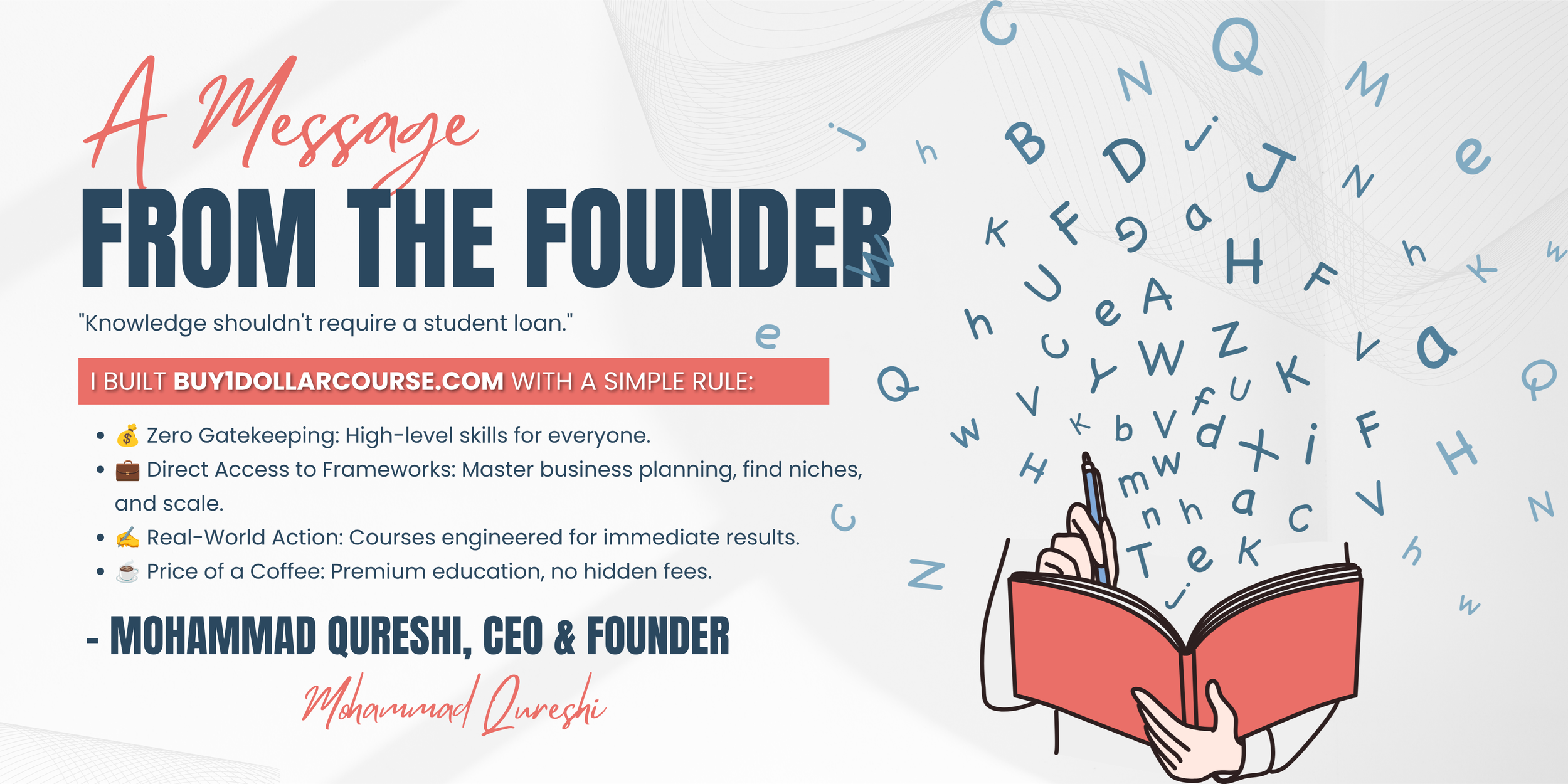 A graphic promoting an online course from the founder, featuring a quote, benefits of the course, and an illustration of a person with an open book and letters emanating from it.