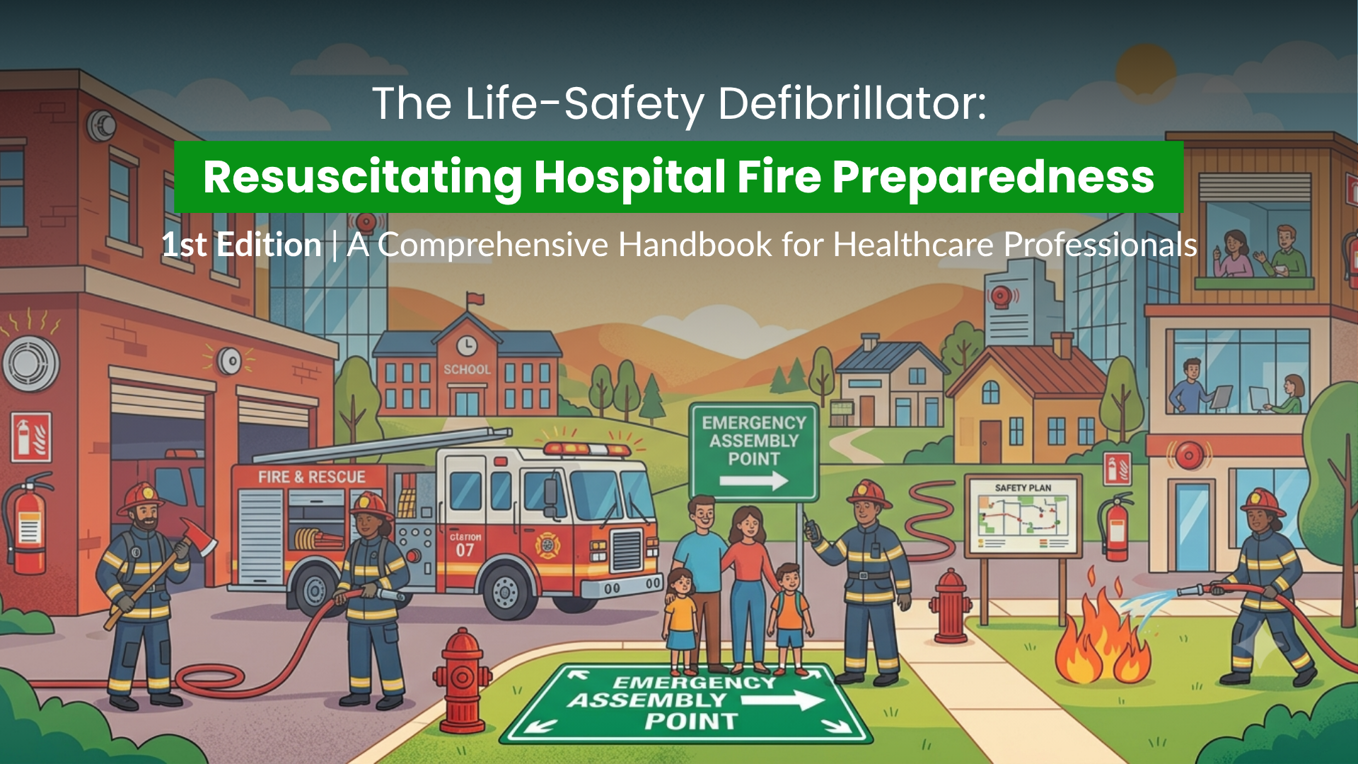Illustration of firefighters, a fire truck, and a fire emergency scene in a community with buildings, trees, people, and emergency signs, emphasizing hospital fire preparedness and rescue.