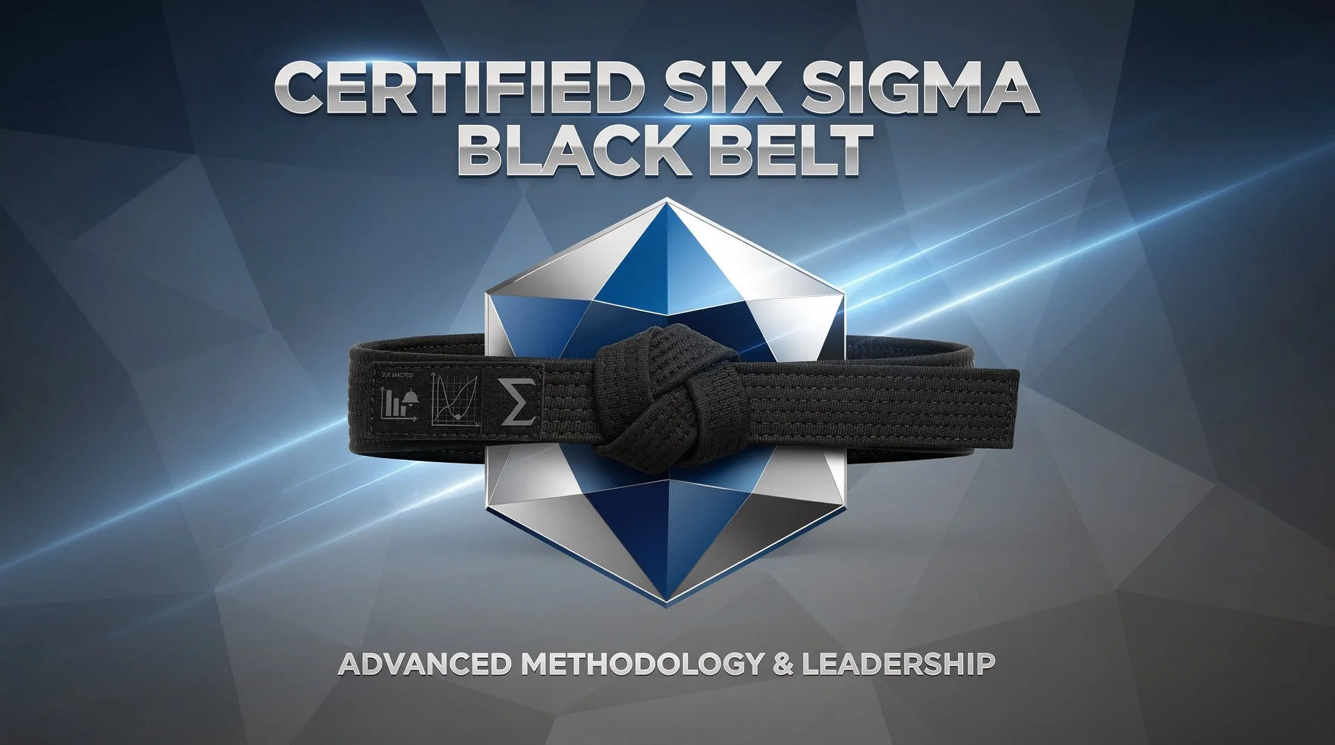 A black martial arts belt with symbolic embroidery wrapped around a shiny geometric sphere, set against a digital-style blue and gray background with the text "Certified Six Sigma Black Belt" and "Advanced Methodology & Leadership."